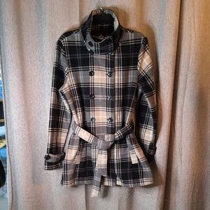 Ike Behar Blue and Cream Plaid Coat